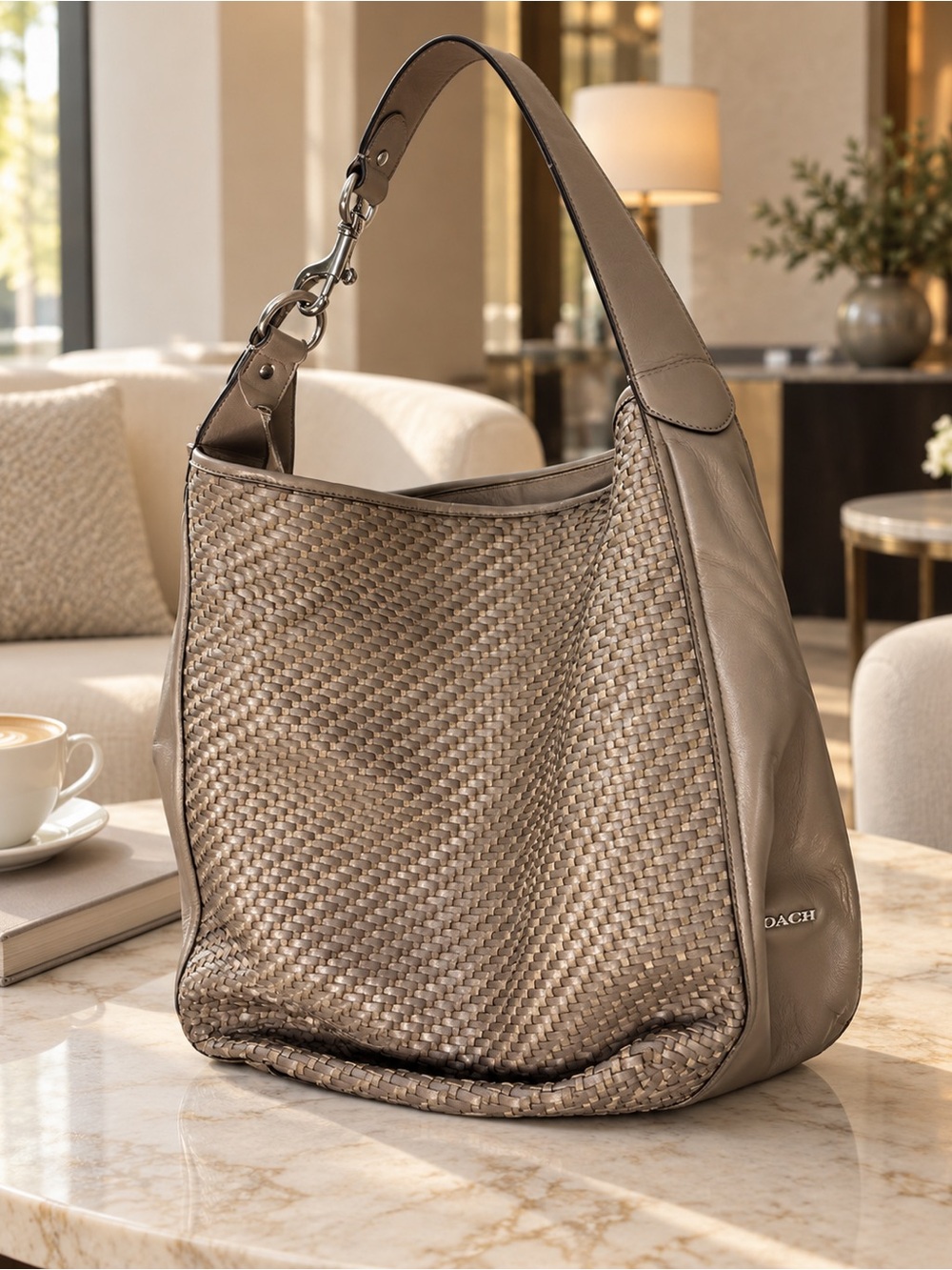 Coach Taupe Woven Leather Shoulder Bag